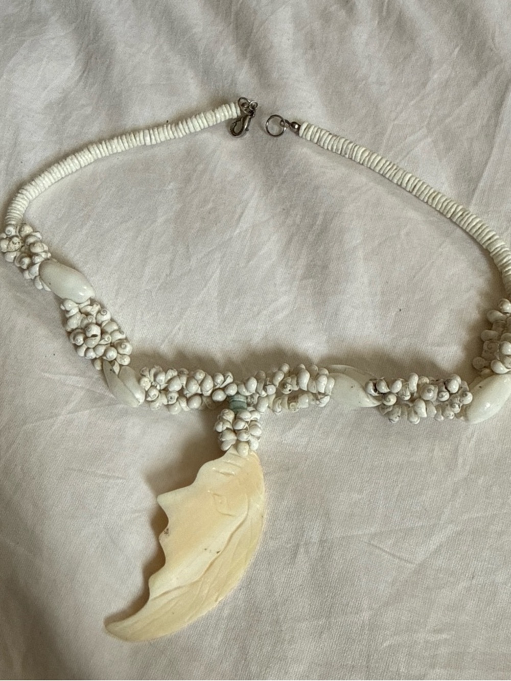 Vintage White Shell Bead Necklace with Carved Pendant